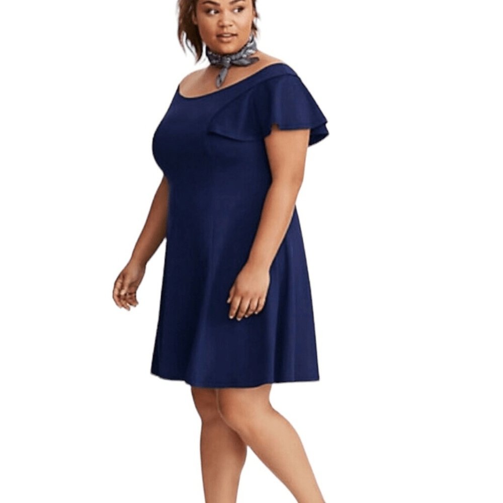 Torrid Off Shoulder Fluted Sleeve Ponte Skater Mini Dress Navy Blue size 1X